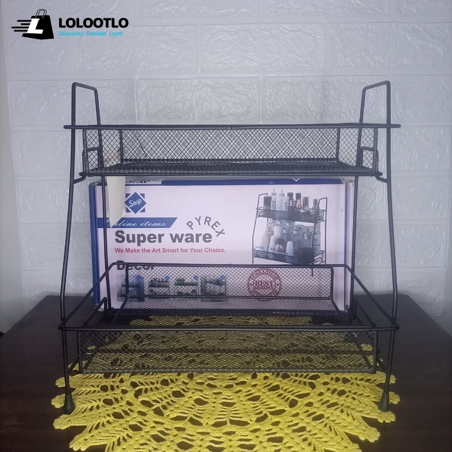 Export Quality Extra Wide 2 Tier Metal Foldable Storage Basket, Stylish Cosmetic Makeup Basket, Vanity Stand, Spice Rack, Kitchen and Bathroom Organizer (BOX PACKING) - Image 6