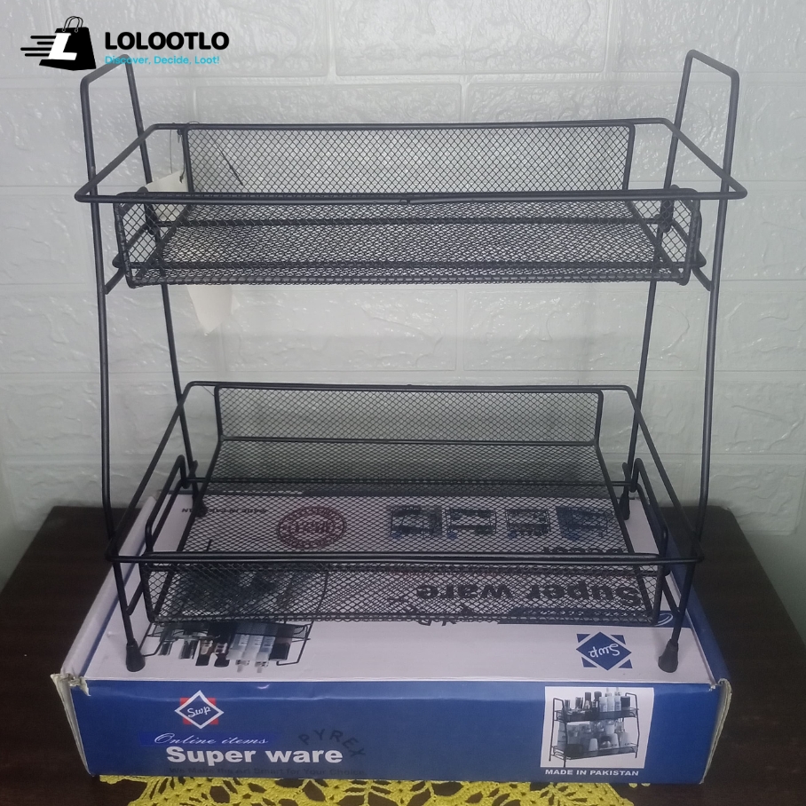 Export Quality Extra Wide 2 Tier Metal Foldable Storage Basket, Stylish Cosmetic Makeup Basket, Vanity Stand, Spice Rack, Kitchen and Bathroom Organizer (BOX PACKING) - Image 5