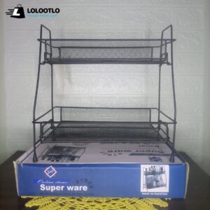 Export Quality Extra Wide 2 Tier Metal Foldable Storage Basket, Stylish Cosmetic Makeup Basket, Vanity Stand, Spice Rack, Kitchen and Bathroom Organizer (BOX PACKING)