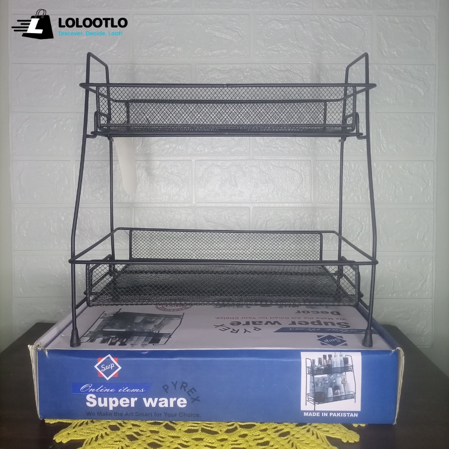 Export Quality Extra Wide 2 Tier Metal Foldable Storage Basket, Stylish Cosmetic Makeup Basket, Vanity Stand, Spice Rack, Kitchen and Bathroom Organizer (BOX PACKING)