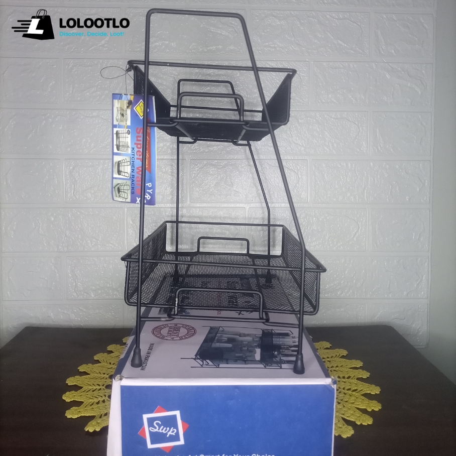 Export Quality Extra Wide 2 Tier Metal Foldable Storage Basket, Stylish Cosmetic Makeup Basket, Vanity Stand, Spice Rack, Kitchen and Bathroom Organizer (BOX PACKING) - Image 3