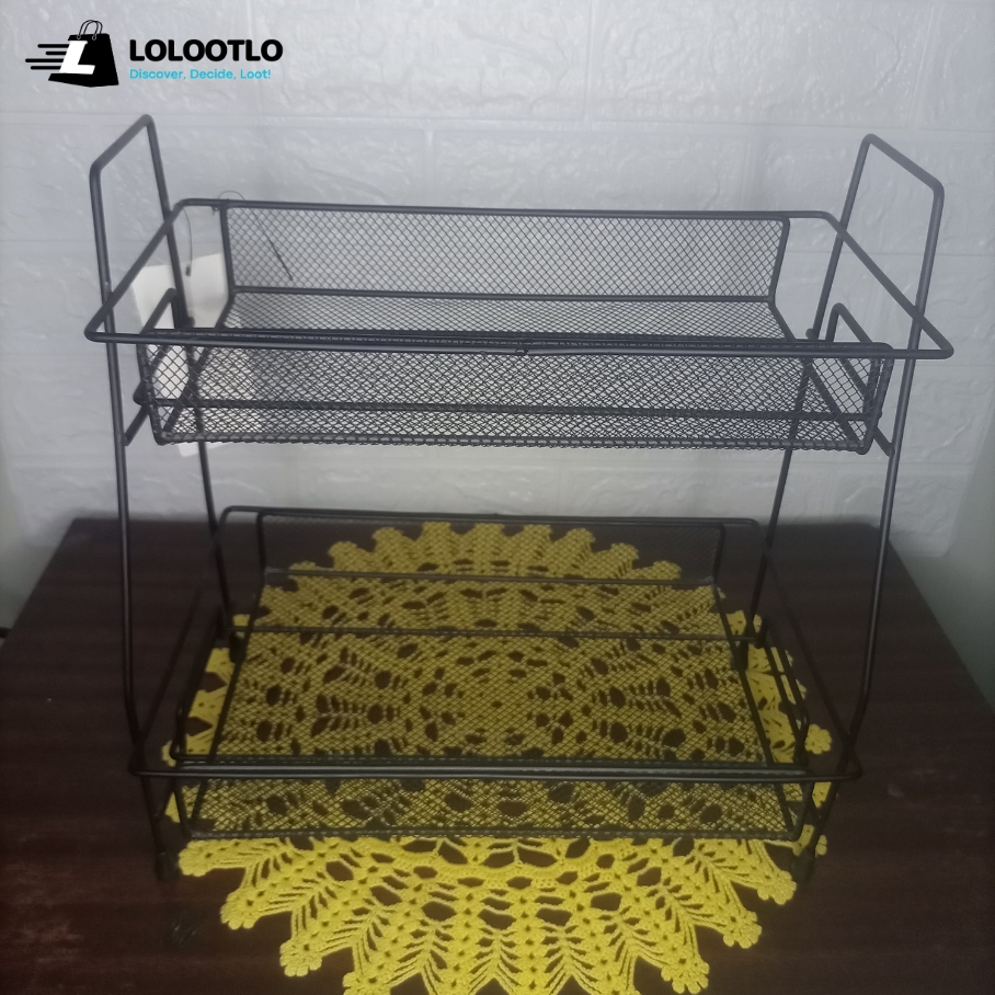 Export Quality Extra Wide 2 Tier Metal Foldable Storage Basket, Stylish Cosmetic Makeup Basket, Vanity Stand, Spice Rack, Kitchen and Bathroom Organizer (BOX PACKING) - Image 2